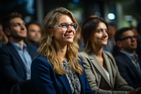 enthusiastic smiling audience at a business seminar. Multinational business team, meeting ,seminar, training conceptの素材