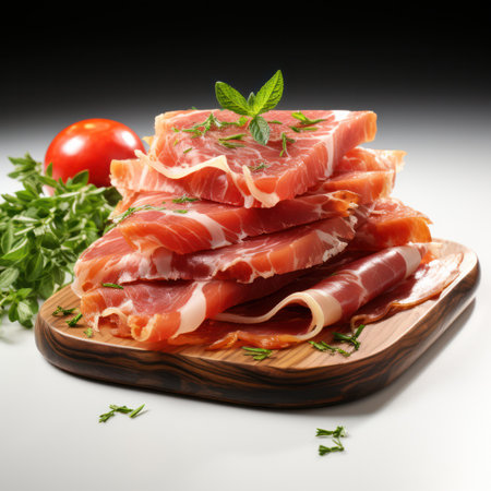 sliced bacon with green leaves on a board on the table.の素材