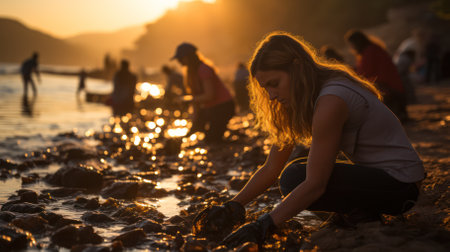 a group of people volunteers cleaning up garbage on the coast after a storm. environment, ecology and responsibility.の素材