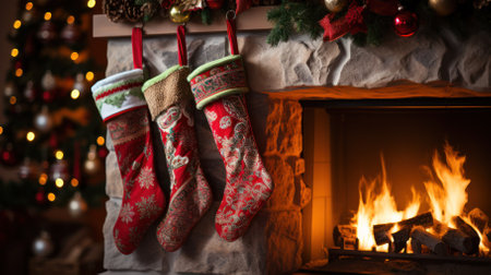 Fireplace with Christmas stockings in a festive room interior.の素材