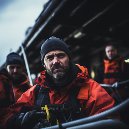 a group of rescuers in equipment on rubber inflatable boats while performing work.の素材