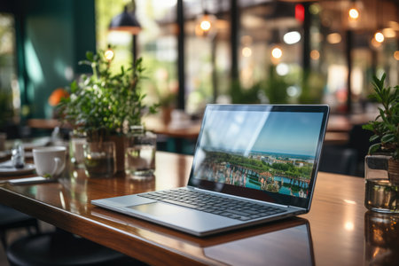 Open laptop with blank screen, cup, plant and office supplies on wooden table.の素材