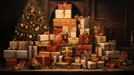 Christmas gift boxes of different colors with ribbon on Christmas background.の素材