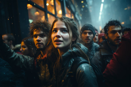 A crowd of people of different races is excitedly waiting for the entrance to the idols concert to open.の素材