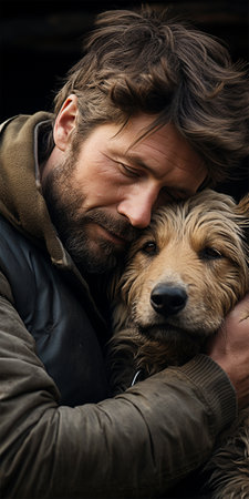 Portrait of a young man hugging his dog. Man and pet.の素材