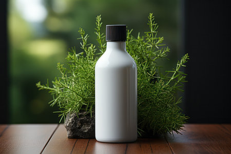 mockup of a white container for cosmetic products on a wooden table with copy space. eco friendly products for your design and label. Natural, clean cosmetics conceptの素材