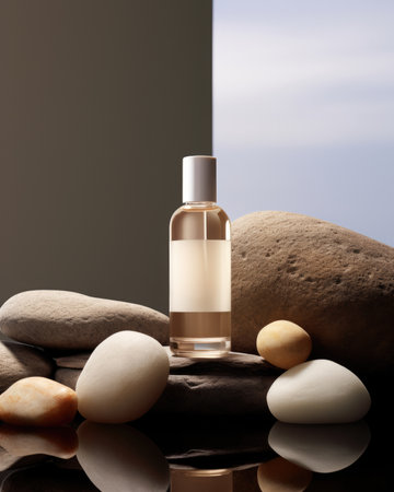 glass cosmetic bottle mockup on stones. luxury product presentation .の素材