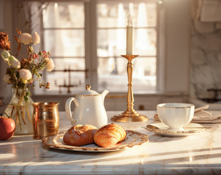 fresh bread on a marble tabletop early in the morning.の素材