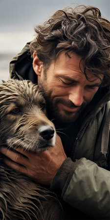 Portrait of a young man hugging his dog. Man and pet.の素材