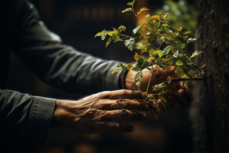 the hands of an elderly man with wrinkles hold a young tree seedling. Concept of gardening and protecting the environment and continuing lifeの素材