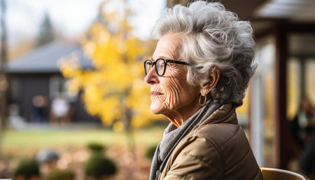 Happy senior woman, relax and thinking in nature in the fresh airの素材