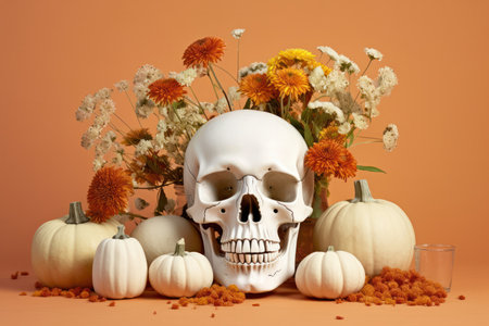 assorted Halloween items - skull, orange and gold shiny pumpkins and flowers on a colored backgroundの素材