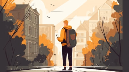 Rear view of a young man tourist with a map on the street he is looking for a map guide, autumn dayの素材