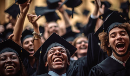 A group of joyful multiracial graduates toss their graduation hats into the air to celebrate the completion of their studies. education concept.の素材