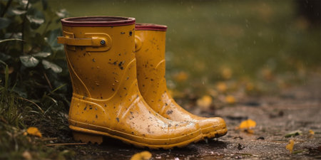 yellow rubber boots, stained with mud, stand on a dirt path on an autumn dayの素材