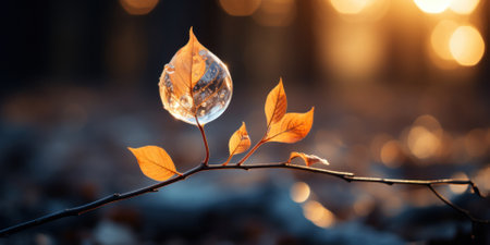 autumn background with frozen yellow leaf covered with ice.の素材