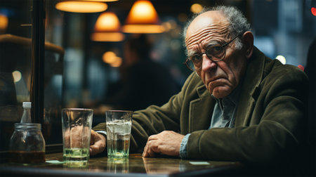 lonely gray-haired and sad old man sitting in a bar on a blurred background. loneliness conceptの素材