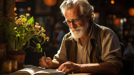old gray-haired professor reading a book in his office at the table.の素材