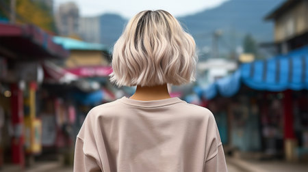 Close-up rear view of a blonde woman with a shiny wavy short hairstyle against an east street background.の素材