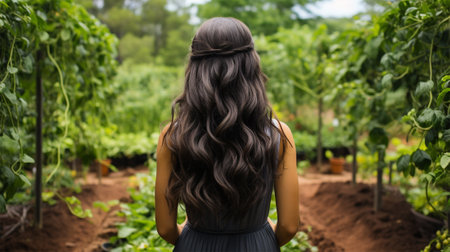 Close-up rear view of a brunette woman with a shiny wavy long hairstyle in front of a park.の素材