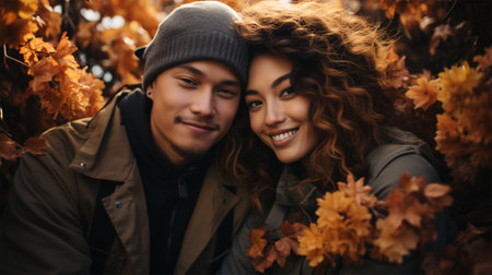 couple in love in a park outdoors among yellow leaves. Autumn dayの素材