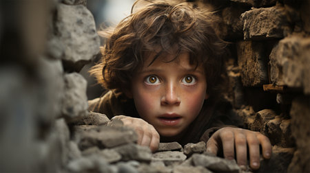 a shocked child sits on the ruins of a house in a city destroyed by an earthquake or war.の素材