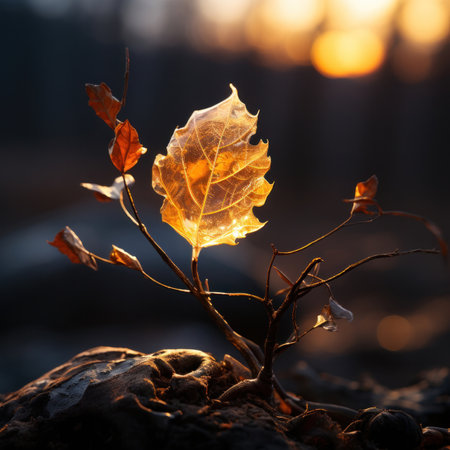 autumn background with frozen yellow leaf covered with ice.の素材