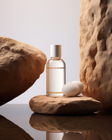 Minimal background for product presentation. A bottle of a cosmetic product on a stone podium on a light background. Mockupの素材