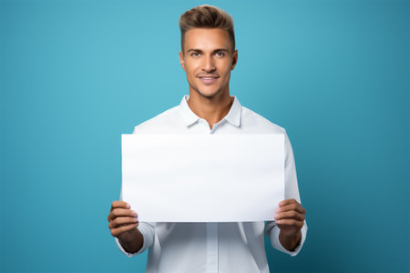 young man in a shirt with a blank poster and space for a mockup for advertising, marketing and sales.blue backgroundの素材