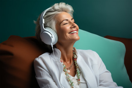 a beautiful and cheerful gray-haired woman in light clothes and headphones listens to music on the veranda or in the winter gardenの素材
