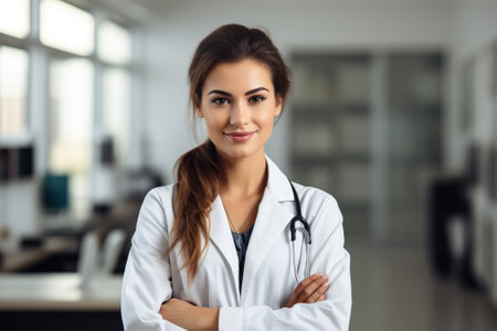 young smiling doctor in a robe in the clinic .の素材