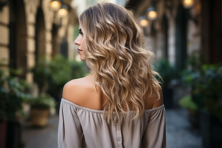 Close-up rear view of a blonde woman with a shiny wavy long hairstyle against a street background.の素材