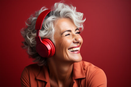 beautiful and cheerful gray-haired woman in bright clothes and red headphones, on a color backgroundの素材