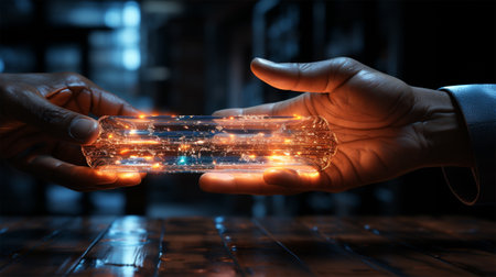 Human hands transmit a unique technology. neon ethereal substance. concept of technology management and artificial intelligence.の素材