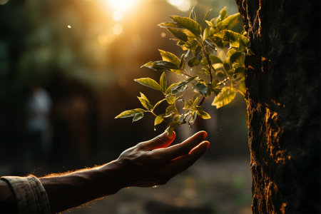 A mans hand touches a tree trunk close-up. Caring for the environment. Ecological concept of saving the world and loving natureの素材