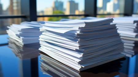Stacks of paper on a desktop in a high-rise office against the backdrop of the cityの素材