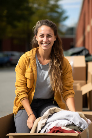 smiling female volunteer holding a cardboard box of clothes ready to give to those in need. Caring and helping the disadvantaged and disadvantaged.の素材