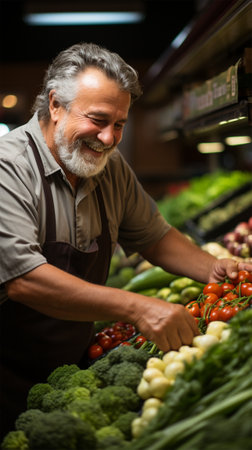 A vendor carefully places vegetables on a stand at a farmers market.の素材