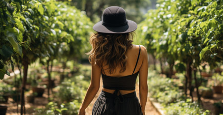 Close-up rear view of a brunette woman with a shiny wavy long hairstyle in front of a park.の素材