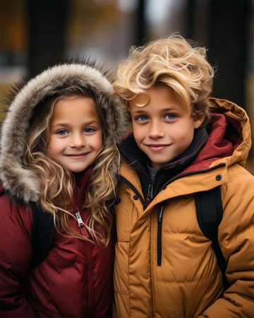 Two cheerful young best friends schoolchildren during the autumn season in the parkの素材