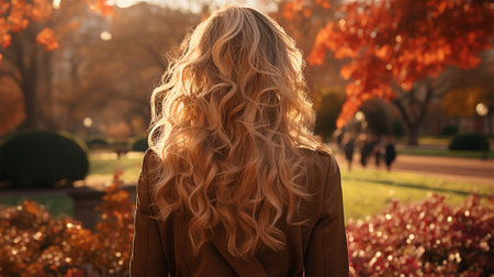Close-up rear view of a blonde woman with a shiny wavy long hairstyle in front of a park.の素材