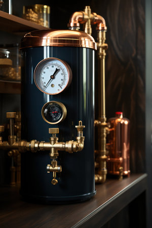 Boiler and expansion tank system, pressure gauge detail. Copper pipeline of the heating system in the technical room.の素材