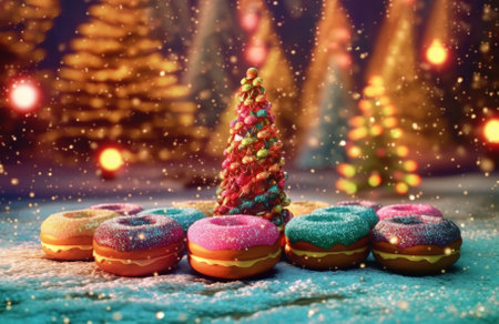 bright illustration of colorful donuts with filling and glaze. Christmas card with place for text.の素材