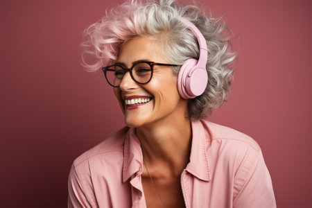 beautiful and cheerful gray-haired woman in glasses, pink clothes and headphones, on a color backgroundの素材