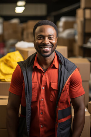 smiling african american volunteer helping in a center for helping those in need. Caring and helping the disadvantaged and disadvantagedの素材