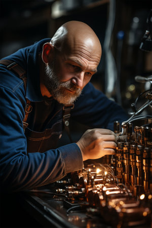 a master in overalls repairs a device made of copper and brass.の素材