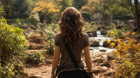 Close-up rear view of a brunette with a shiny wavy long hairstyle against the backdrop of a waterfall in a park.の素材