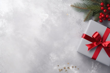 New Year banner with Christmas gift boxes and gold decorations on a light background.の素材
