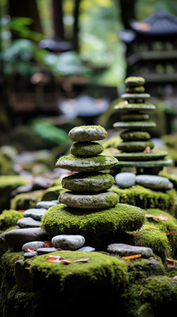 Stack of pebbles covered with moss .の素材