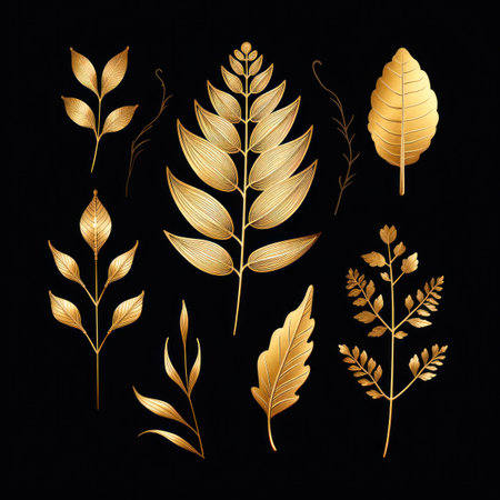 Golden tropical leaves on a black background, can be used as design elements for cards and bannersの素材